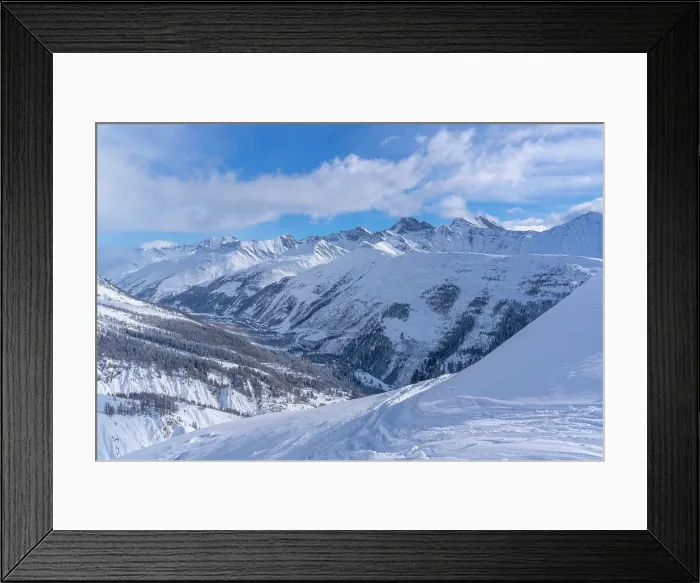 Framed Print : View of snow covered Aosta Valley from Pavillon du Mont Frety in winter, Courmayeur, Aosta Valley, Italian Alps, Italy Framed Print : View of snow covered Aosta Valley from Pavillon du Mont Frety in winter, Courmayeur, Aosta Valley, Italian Alps, Italy