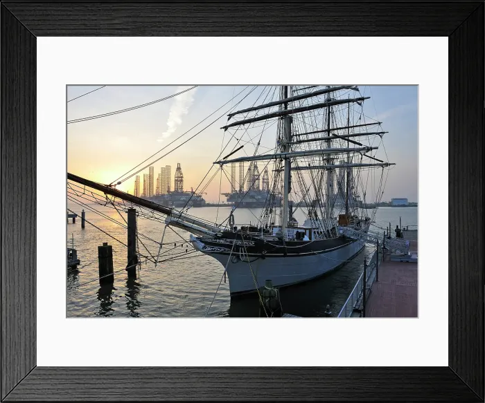 Framed Print : Tall ship Elissa, 1877, three-masted barque moored in port of Galveston at sunset, Galveston island, Gulf of Mexico, Texas, United States of America Framed Print : Tall ship Elissa, 1877, three-masted barque moored in port of Galveston at sunset, Galveston island, Gulf of Mexico, Texas, United States of America