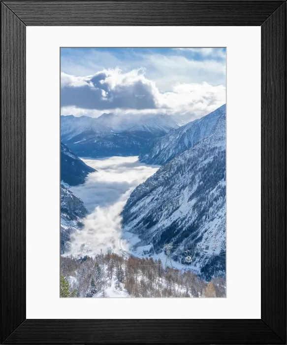 Framed Print : View of snow covered Aosta Valley from Pavillon du Mont Frety in winter, Courmayeur, Aosta Valley, Italian Alps, Italy Framed Print : View of snow covered Aosta Valley from Pavillon du Mont Frety in winter, Courmayeur, Aosta Valley, Italian Alps, Italy