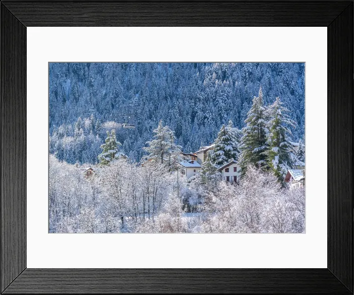 Framed Print : Snow covered trees and Courmayeur to Plan Checrouit cable car viewed from Courmayeur in winter, Courmayeur, Aosta Valley, Italian Alps, Italy