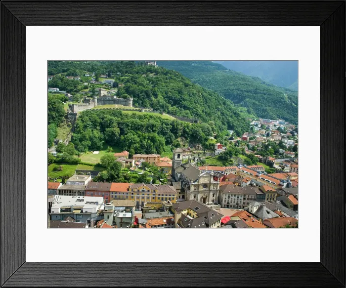 Framed Print : The Castles and town of Bellizona seen from Castelgrande, Canton Ticino, Switzerland Framed Print : The Castles and town of Bellizona seen from Castelgrande, Canton Ticino, Switzerland