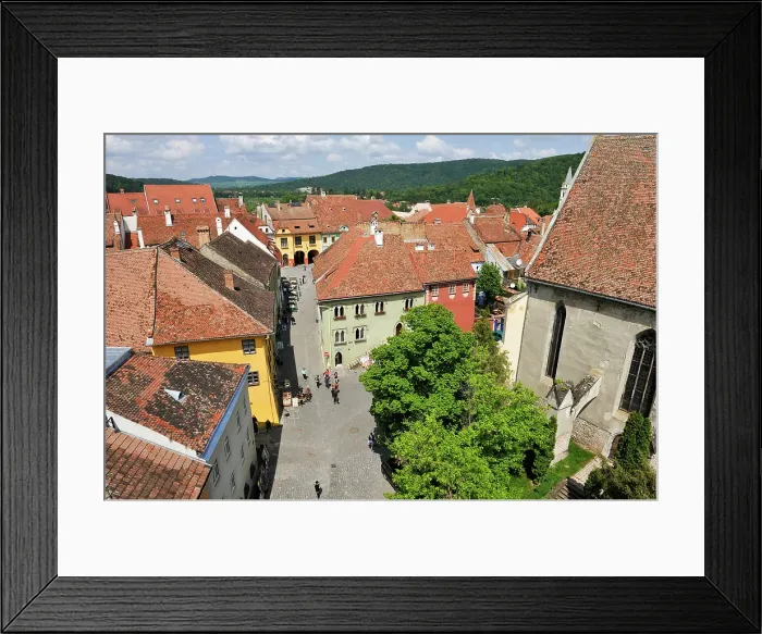 Framed Print : View over Old Town from Clock Tower, Sighisoara, UNESCO, Transylvania, Romania