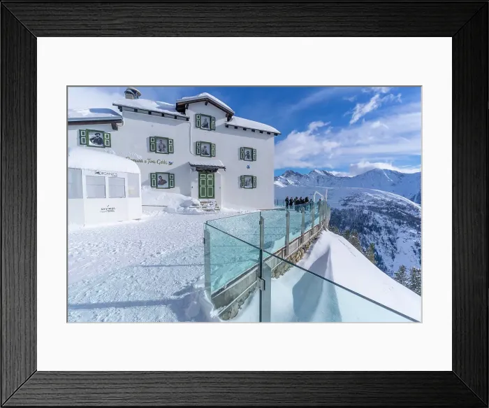 Framed Print : View of snow covered Aosta Valley from refuge cabin at Pavillon du Mont Frety in winter, Courmayeur, Aosta Valley, Italian Alps, Italy Framed Print : View of snow covered Aosta Valley from refuge cabin at Pavillon du Mont Frety in winter, Courmayeur, Aosta Valley, Italian Alps, Italy