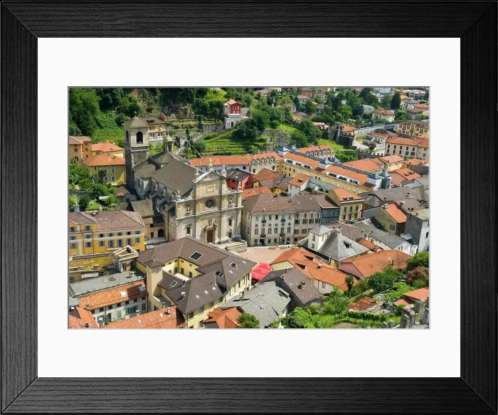 Framed Print : Bellizona and the Church of Saints Peter and Steven, seen from Castelgrande, Canton Ticino, Switzerland Framed Print : Bellizona and the Church of Saints Peter and Steven, seen from Castelgrande, Canton Ticino, Switzerland