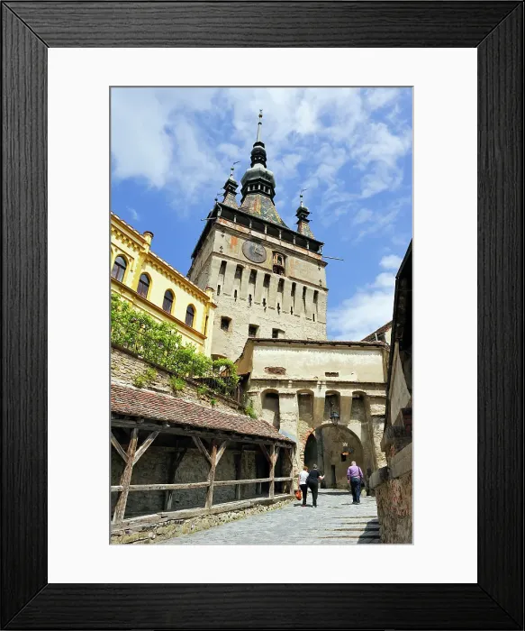 Framed Print : Clock Tower seen from south path leading into Old Town, Sighisoara, UNESCO, Transylvania, Romania