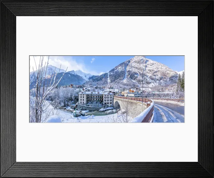 Framed Print : View of snow covered trees, mountains and Dolonne from Courmayeur in winter, Courmayeur, Aosta Valley, Italian Alps, Italy