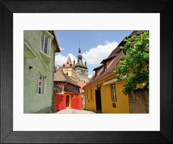 Framed Print : Clock Tower seen from south path leading into Old Town, Sighisoara, UNESCO, Transylvania, Romania Framed Print : Clock Tower seen from south path leading into Old Town, Sighisoara, UNESCO, Transylvania, Romania