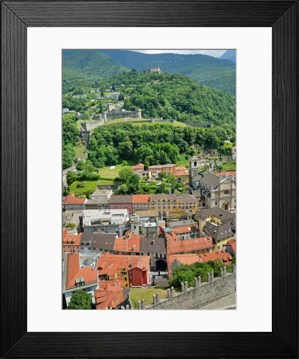 Framed Print : The Castles and town of Bellizona seen from Castelgrande, Canton Ticino, Switzerland Framed Print : The Castles and town of Bellizona seen from Castelgrande, Canton Ticino, Switzerland