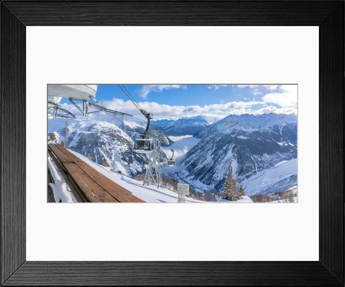 Framed Print : View of snow covered Aosta Valley, mountains and Skyway Monte Bianco cable car in winter, Courmayeur, Aosta Valley, Italian Alps, Italy Framed Print : View of snow covered Aosta Valley, mountains and Skyway Monte Bianco cable car in winter, Courmayeur, Aosta Valley, Italian Alps, Italy