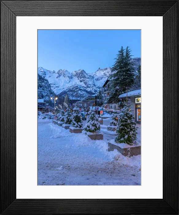 Framed Print : View of town centre and snow covered mountains in background at dusk, Courmayeur, Aosta Valley, Italian Alps, Italy Framed Print : View of town centre and snow covered mountains in background at dusk, Courmayeur, Aosta Valley, Italian Alps, Italy