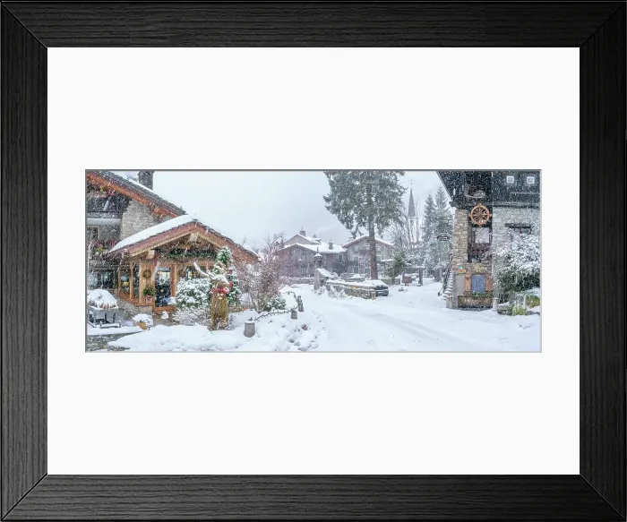 Framed Print : View of snow covered wooden houses in Entreves in winter, Entreves, Aosta Valley, Italian Alps, Italy Framed Print : View of snow covered wooden houses in Entreves in winter, Entreves, Aosta Valley, Italian Alps, Italy