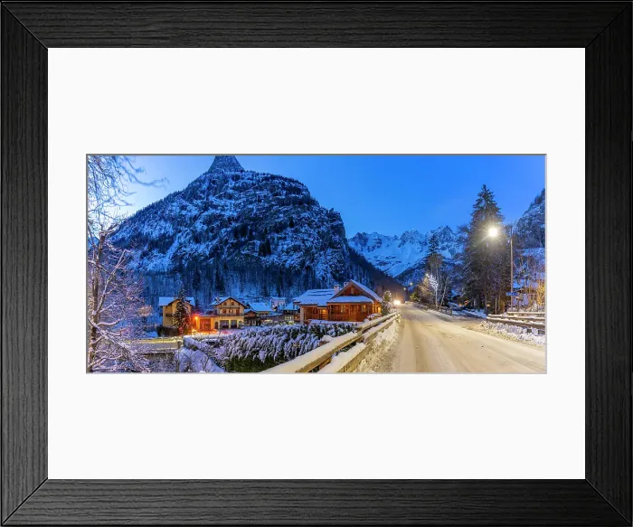 Framed Print : View of chalets and snow covered mountains in Courmayeur at dusk in winter, Courmayeur, Aosta Valley, Italian Alps, Italy