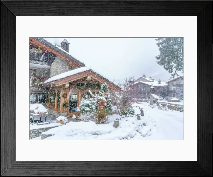 Framed Print : View of snow covered wooden houses in Entreves in winter, Entreves, Aosta Valley, Italian Alps, Italy Framed Print : View of snow covered wooden houses in Entreves in winter, Entreves, Aosta Valley, Italian Alps, Italy