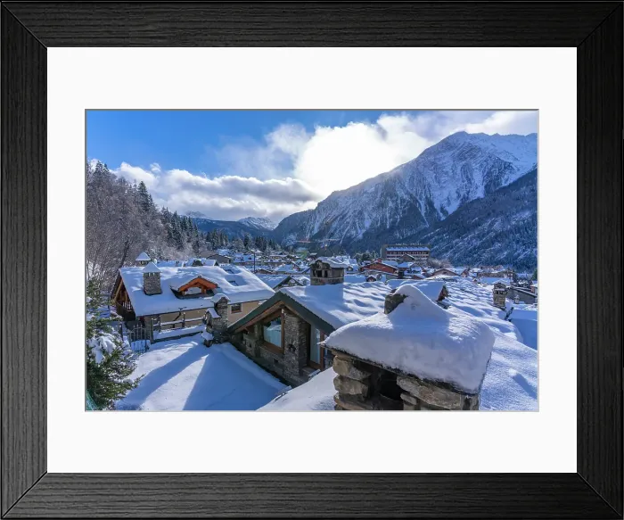 Framed Print : View of snow covered mountains and rooftops in Courmayeur in winter, Courmayeur, Aosta Valley, Italian Alps, Italy Framed Print : View of snow covered mountains and rooftops in Courmayeur in winter, Courmayeur, Aosta Valley, Italian Alps, Italy