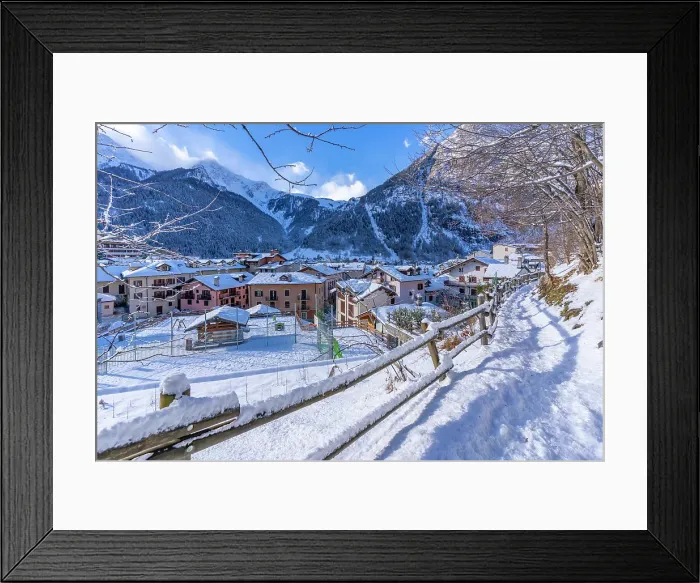 Framed Print : View of snow covered mountains and rooftops in Courmayeur in winter, Courmayeur, Aosta Valley, Italian Alps, Italy Framed Print : View of snow covered mountains and rooftops in Courmayeur in winter, Courmayeur, Aosta Valley, Italian Alps, Italy
