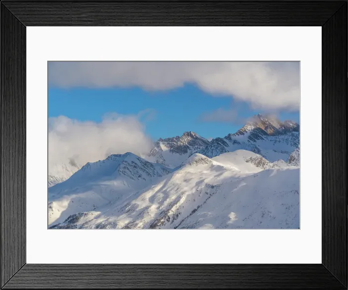 Framed Print : View of snow covered Aosta Valley and mountains from Pavillon du Mont Frety in winter, Courmayeur, Aosta Valley, Italian Alps, Italy