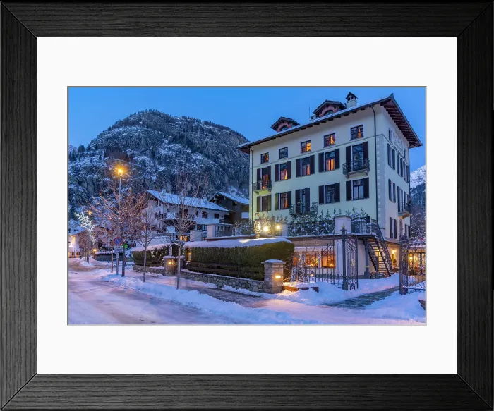 Framed Print : View of town centre and snow covered mountains in background at dusk, Courmayeur, Aosta Valley, Italian Alps, Italy Framed Print : View of town centre and snow covered mountains in background at dusk, Courmayeur, Aosta Valley, Italian Alps, Italy