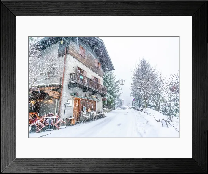 Framed Print : View of snow covered wooden houses in Entreves in winter, Entreves, Aosta Valley, Italian Alps, Italy Framed Print : View of snow covered wooden houses in Entreves in winter, Entreves, Aosta Valley, Italian Alps, Italy