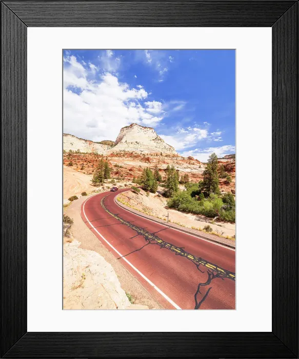 Framed Print : A car driving along scenic road in Zion National Park on a sunny day, Utah, United States of America Framed Print : A car driving along scenic road in Zion National Park on a sunny day, Utah, United States of America