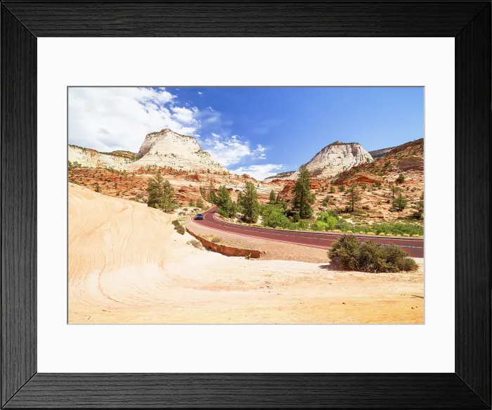 Framed Print : Car driving along scenic road in Zion National Park on a sunny summer day, Utah, United States of America Framed Print : Car driving along scenic road in Zion National Park on a sunny summer day, Utah, United States of America