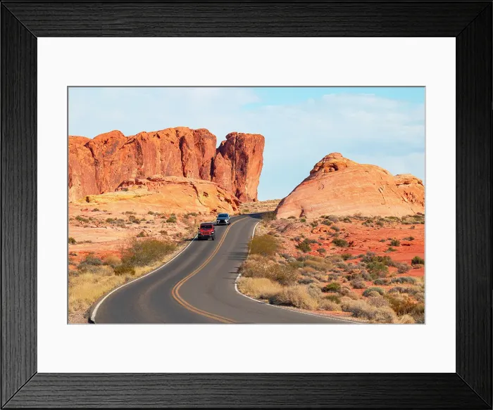 Framed Print : Two cars drive along the scenic road in Valley of Fire State Park on a sunny summer day, Nevada, United States of America Framed Print : Two cars drive along the scenic road in Valley of Fire State Park on a sunny summer day, Nevada, United States of America