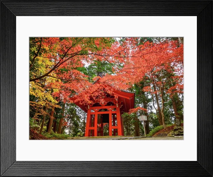 Framed Print : Iconic red Shoro (bell tower) framed by vivid autumn leaves on Mount Hiei, near the historic Enryaku-ji Temple, Ohara, Honshu, Japan Framed Print : Iconic red Shoro (bell tower) framed by vivid autumn leaves on Mount Hiei, near the historic Enryaku-ji Temple, Ohara, Honshu, Japan