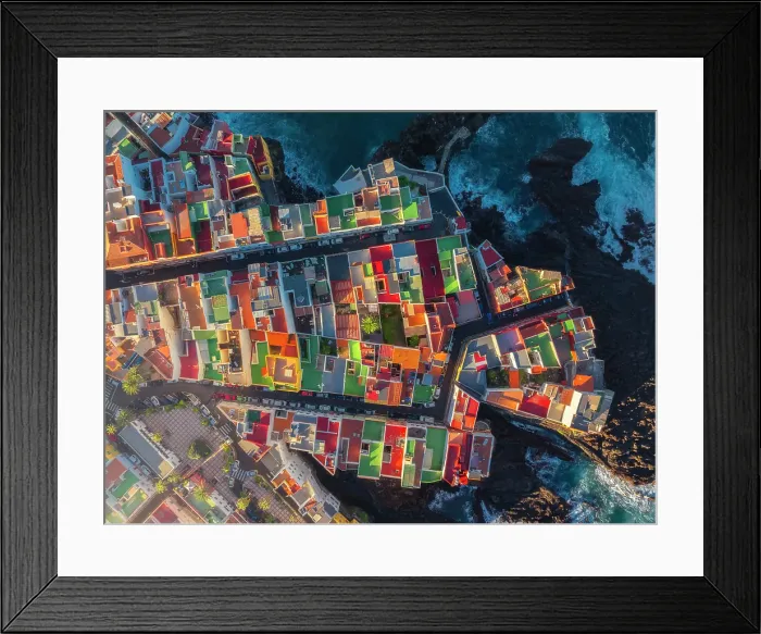 Framed Print : Overhead view of colorful houses in Punta Brava at sunrise, Puerto de La Cruz, Tenerife, Canary Islands, Macaronesia, Atlantic, Spain Framed Print : Overhead view of colorful houses in Punta Brava at sunrise, Puerto de La Cruz, Tenerife, Canary Islands, Macaronesia, Atlantic, Spain