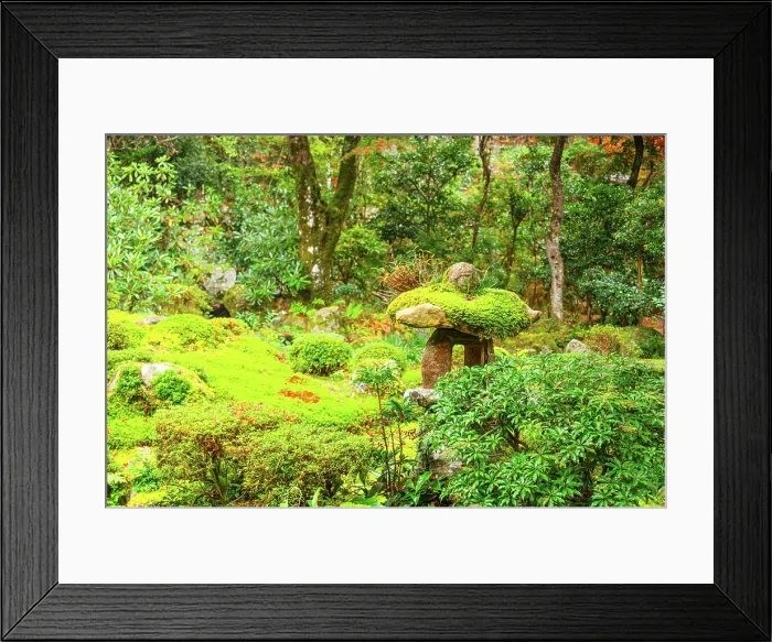 Framed Print : A lush moss garden with intricate landscaping and stone features, Shuheki-en Garden, Ohara, Kyoto, Honshu, Japan