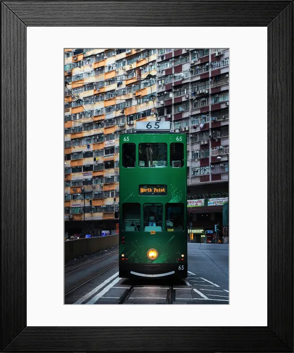 Framed Print : Green tram and Nam Tin building, North Point, Hong Kong, China Framed Print : Green tram and Nam Tin building, North Point, Hong Kong, China