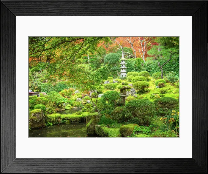 Framed Print : Picturesque view of mossy mounds, stone accents, and tranquil pond in Shuheki-en Garden near Sanzen-in Temple, Kyoto, Honshu, Japan