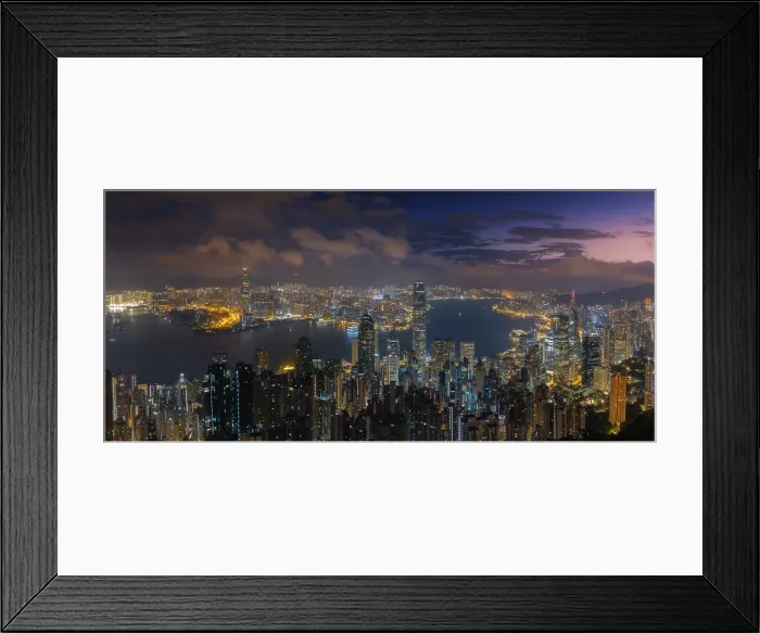 Framed Print : Elevated panoramic view of illuminated Hong Kong cityscape viewed from Lugard Road at dusk, The Peak, Hong Kong, China Framed Print : Elevated panoramic view of illuminated Hong Kong cityscape viewed from Lugard Road at dusk, The Peak, Hong Kong, China