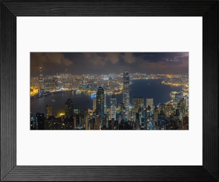 Framed Print : Elevated panoramic view of illuminated Hong Kong cityscape viewed from Lugard Road at dusk, The Peak, Hong Kong, China Framed Print : Elevated panoramic view of illuminated Hong Kong cityscape viewed from Lugard Road at dusk, The Peak, Hong Kong, China