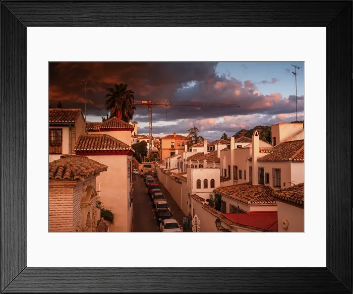 Framed Print : Dramatic warm sunset over Santa Isabel la Real, the main alley of Albaicin, UNESCO, Granada, Andalusia, Spain Framed Print : Dramatic warm sunset over Santa Isabel la Real, the main alley of Albaicin, UNESCO, Granada, Andalusia, Spain