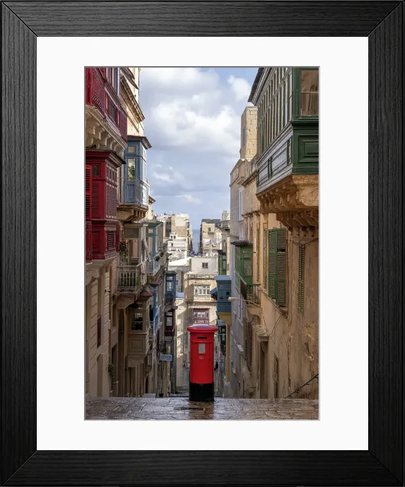 Framed Print : Street scene of alley with traditional homes, colourful balconies and a red post box, Valletta, Malta