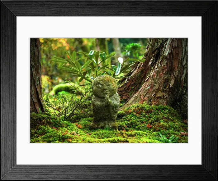 Framed Print : A lone warabe Jizo statue standing serenely amidst the verdant moss and foliage near Sanzen-in Temple in Ohara, Kyoto, Honshu, Japan Framed Print : A lone warabe Jizo statue standing serenely amidst the verdant moss and foliage near Sanzen-in Temple in Ohara, Kyoto, Honshu, Japan