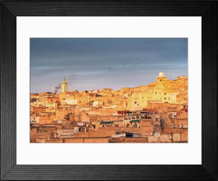 Framed Print : Warm yellow sunrise illuminating houses and mosques, over the Medina of Fes, UNESCO, Morocco Framed Print : Warm yellow sunrise illuminating houses and mosques, over the Medina of Fes, UNESCO, Morocco
