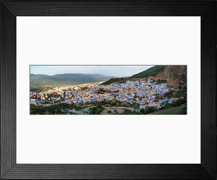 Framed Print : Panoramic view of sunrise over the skyline of the Chefchaouen Medina, Chefchaouen, Morocco Framed Print : Panoramic view of sunrise over the skyline of the Chefchaouen Medina, Chefchaouen, Morocco