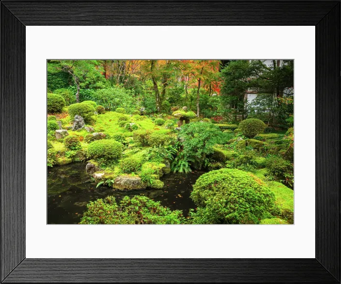 Framed Print : Traditional stone lantern by a tranquil pond surrounded by moss and autumn foliage in Shuheki-en Garden, Kyoto, Honshu, Japan Framed Print : Traditional stone lantern by a tranquil pond surrounded by moss and autumn foliage in Shuheki-en Garden, Kyoto, Honshu, Japan