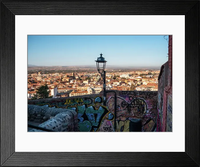 Framed Print : Walls and lantern in front of the skyline of Granada at sunrise. Albaicin, Granada, Andalucia, Spain Framed Print : Walls and lantern in front of the skyline of Granada at sunrise. Albaicin, Granada, Andalucia, Spain