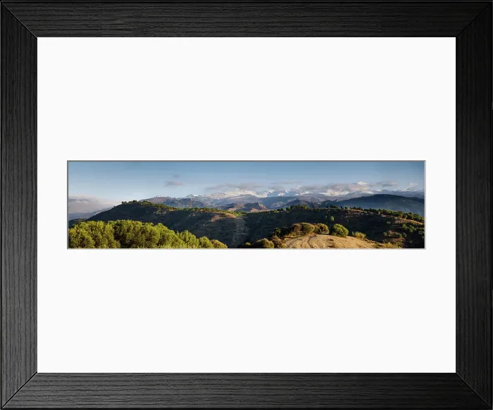 Framed Print : Evening panorama over olive trees in the hills of Albaicin, to the Sierra Nevada, Granada, Andalucia, Spain
