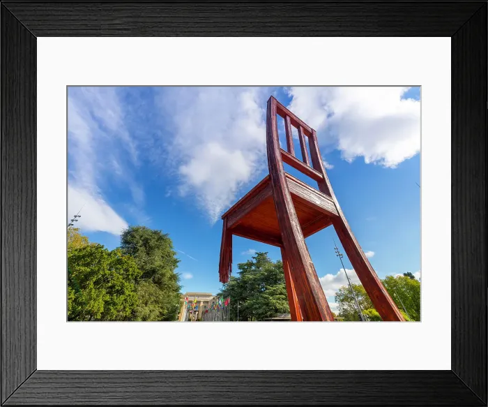 Framed Print : Broken Chair, Memorial to the Victims of Landmines, Place des Nations, Geneva, Switzerland Framed Print : Broken Chair, Memorial to the Victims of Landmines, Place des Nations, Geneva, Switzerland
