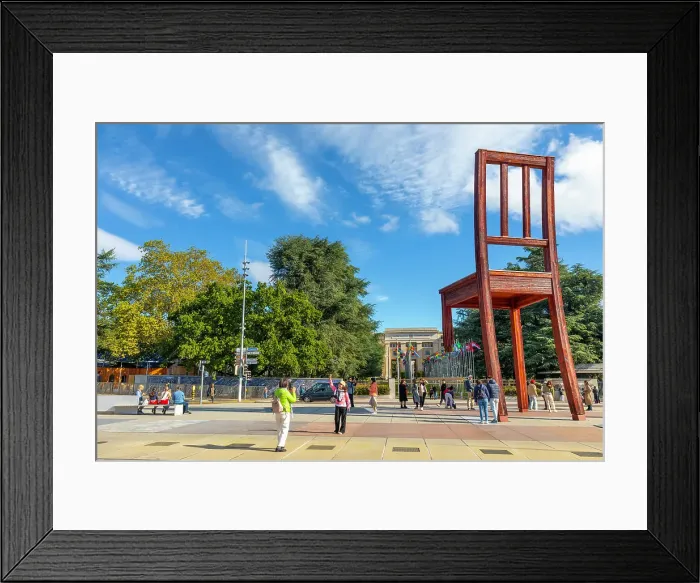 Framed Print : Broken Chair, Memorial to the Victims of Landmines, Place des Nations, Geneva, Switzerland Framed Print : Broken Chair, Memorial to the Victims of Landmines, Place des Nations, Geneva, Switzerland