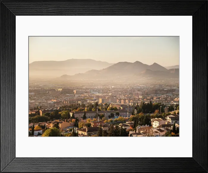 Framed Print : Sunset above Granada looking north to Cartuja with the mountains of Parque Natural Sierra de Huetor, Granada, Andalucia, Spain