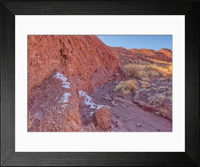 Framed Print : Patches of snow in the shade of a hill in Dead Wash at Petrified Forest National Park, Arizona, United States of America Framed Print : Patches of snow in the shade of a hill in Dead Wash at Petrified Forest National Park, Arizona, United States of America
