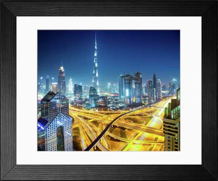 Framed Print : Dubai skyline at dusk with Burj Khalifa, the world tallest building and Sheikh Zayed road traffic, Dubai, United Arab Emirates Framed Print : Dubai skyline at dusk with Burj Khalifa, the world tallest building and Sheikh Zayed road traffic, Dubai, United Arab Emirates
