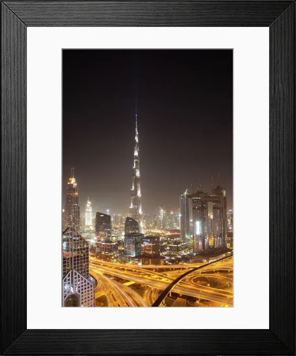 Framed Print : Dubai skyline at dusk with Burj Khalifa, the world tallest building and Sheikh Zayed road traffic, Dubai, United Arab Emirates Framed Print : Dubai skyline at dusk with Burj Khalifa, the world tallest building and Sheikh Zayed road traffic, Dubai, United Arab Emirates