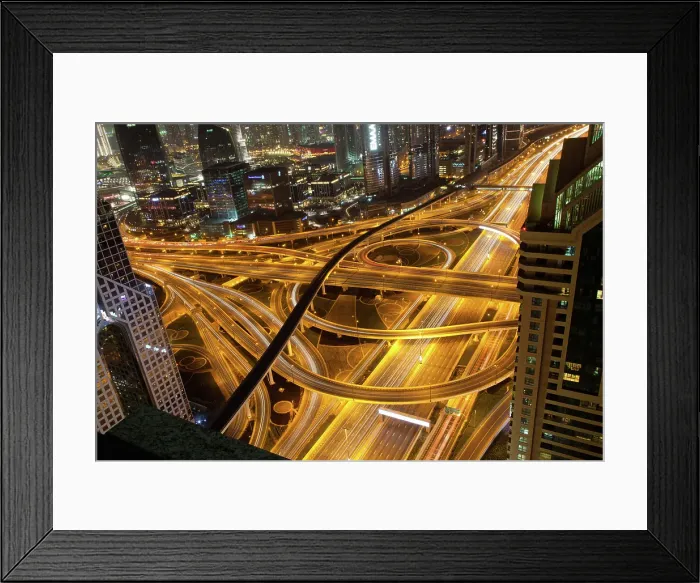 Framed Print : Night traffic on a busy intersection on Sheikh Zayed highway, Dubai, United Arab Emirates