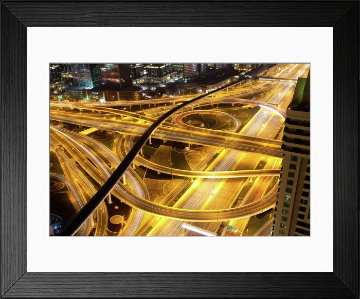 Framed Print : Night traffic on a busy intersection on Sheikh Zayed highway, Dubai, United Arab Emirates
