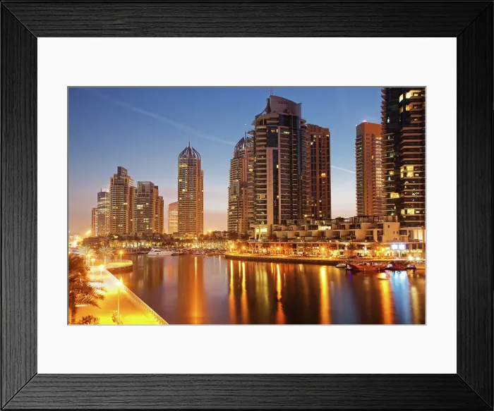 Framed Print : View of modern skyscrapers at night in Dubai Marina, Dubai, United Arab Emirates Framed Print : View of modern skyscrapers at night in Dubai Marina, Dubai, United Arab Emirates