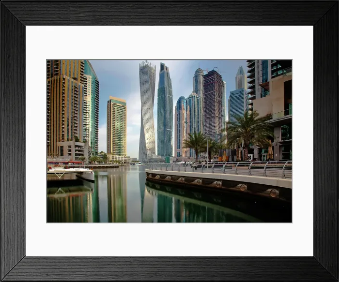 Framed Print : View of modern skyscrapers shining in sunrise light in Dubai Marina in Dubai, Dubai, United Arab Emirates Framed Print : View of modern skyscrapers shining in sunrise light in Dubai Marina in Dubai, Dubai, United Arab Emirates